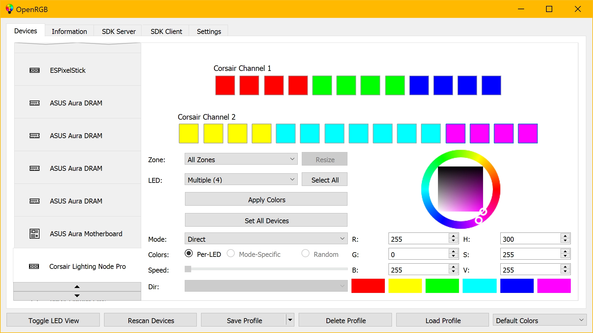 Screenshot of OpenRGB application showing list of lit hardware on the left and robust color selector on the right